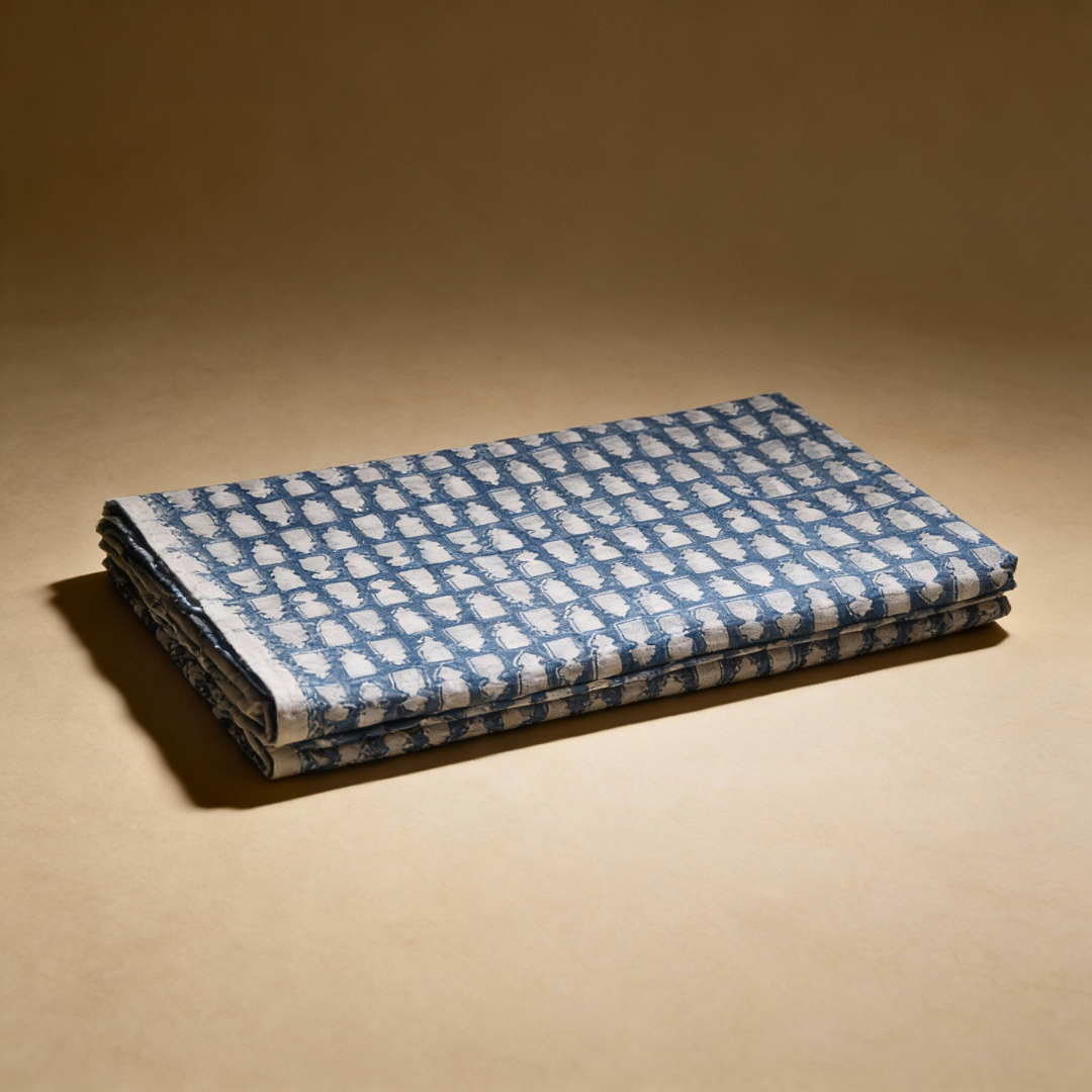 Single-Sided Hand Block Printed Mal Cotton Fabric – Blue Geometric | Sold Per Meter