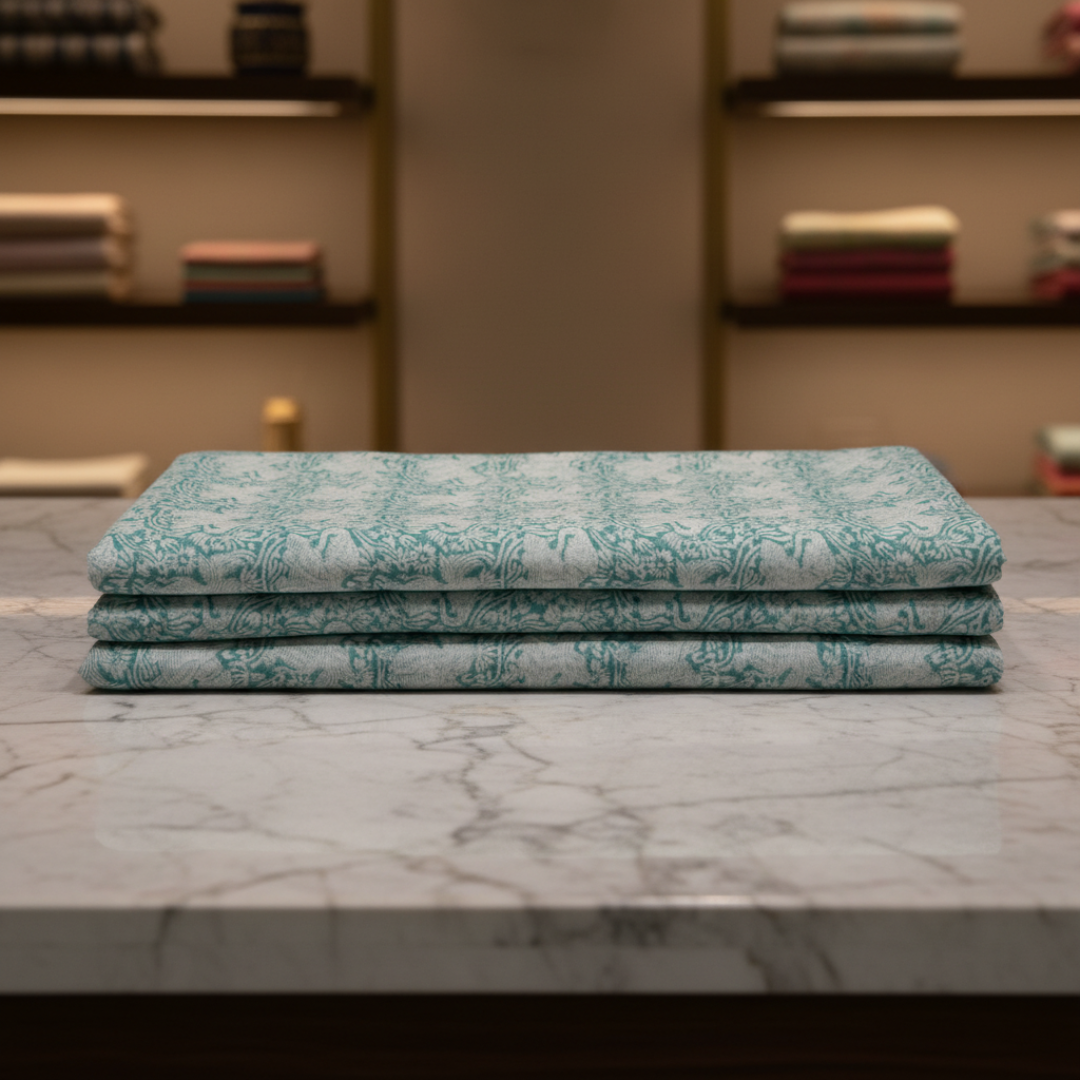 Single-Sided Hand Block Printed Mal Cotton Fabric – Soft Green Floral | Sold Per Meter