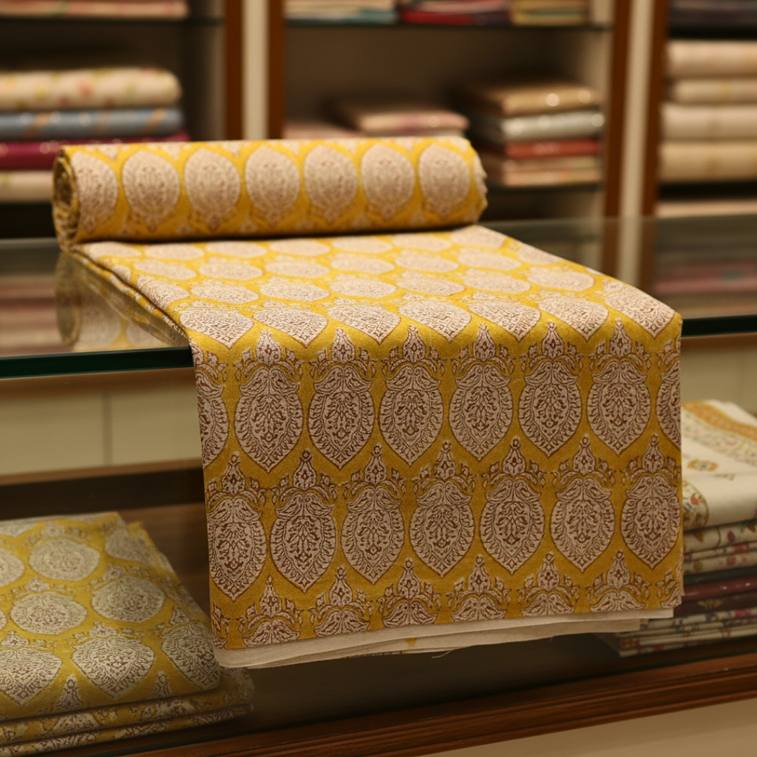 Single-Sided Hand Block Printed Mal Cotton Fabric – Yellow Lattice Floral | Sold Per Meter