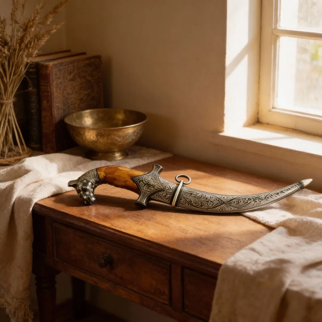Curved Bone Handle Koftgari Dagger with Handcrafted Metal Inlay Detailing