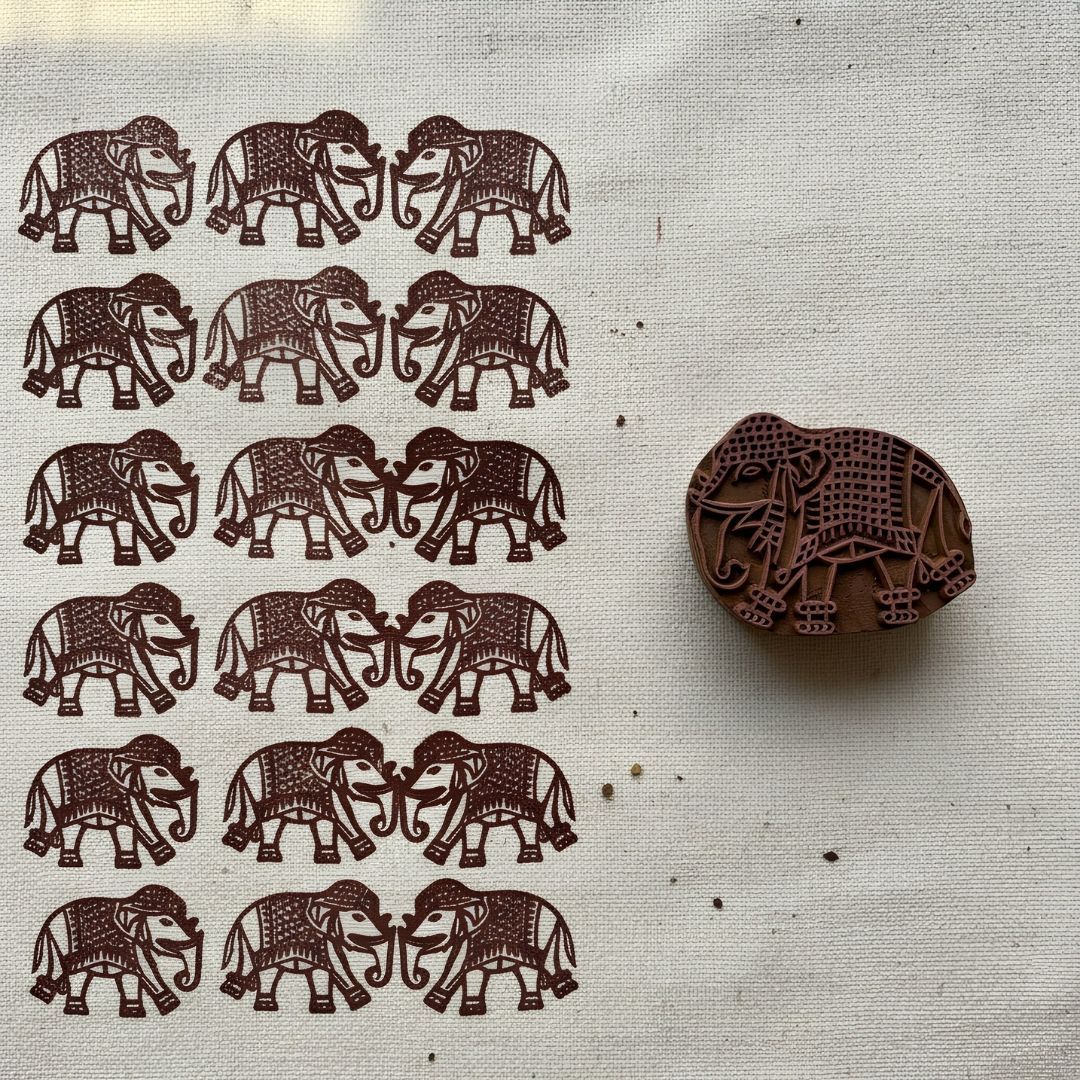 Hand-Carved Gurjan Wood Printing Block with Narrative Village Elephant Motif