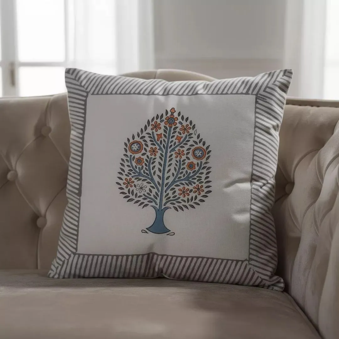 South Cotton Block Printed Cushion Covers with Central Floral Motif (Set of 2)