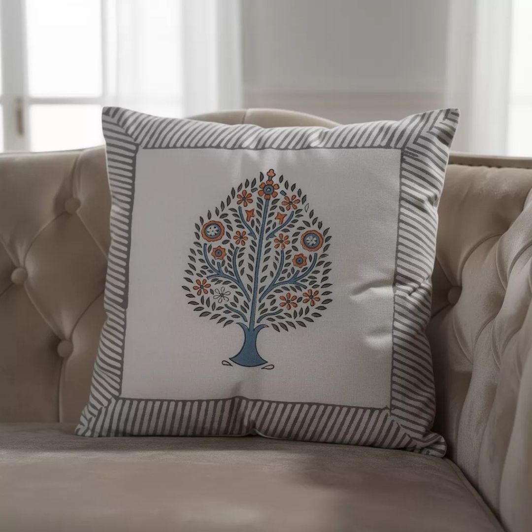 South Cotton Block Printed Cushion Covers with Central Floral Motif (Set of 2)