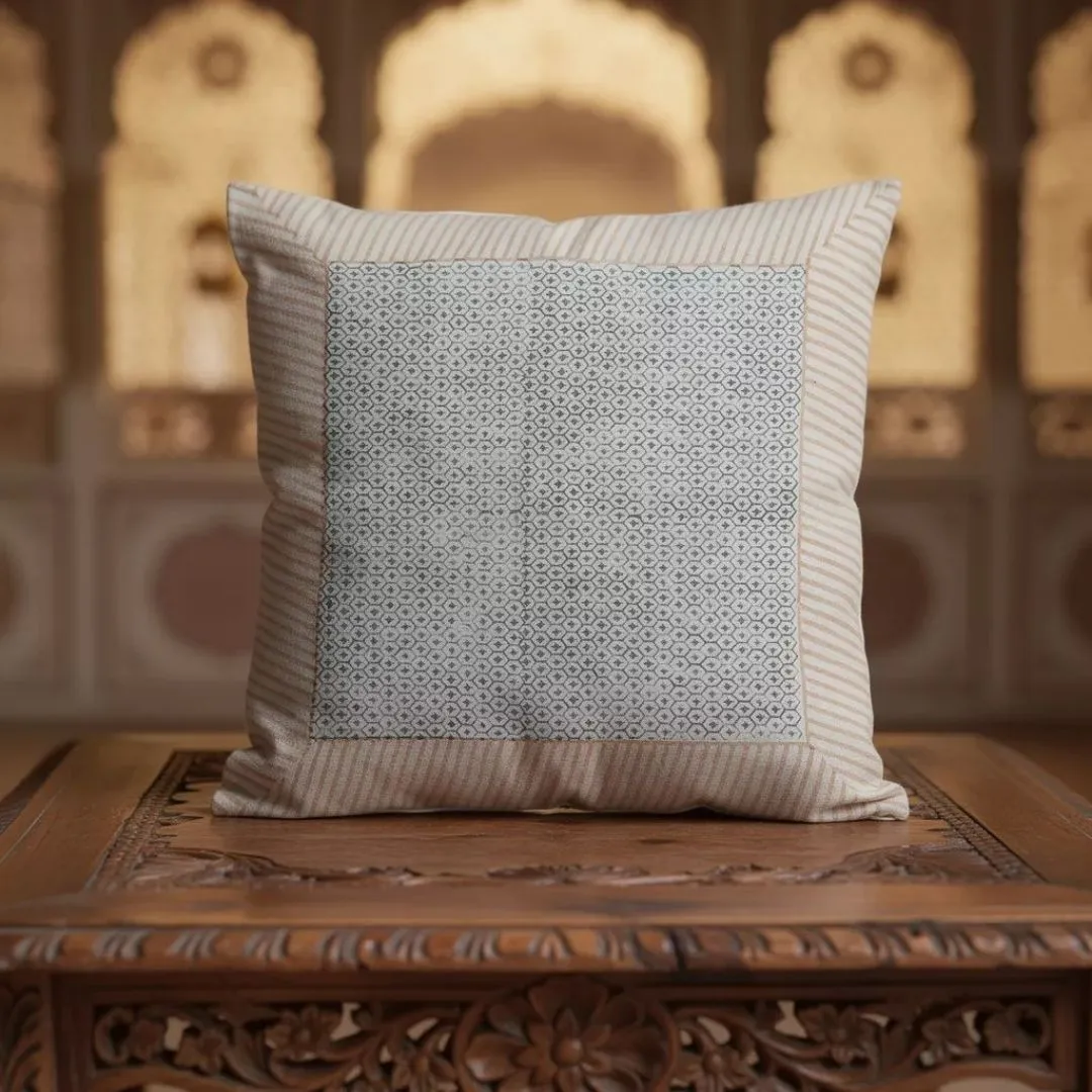 Block Printed Cotton Cushion Covers with Minimal Border Design (Set of 2)