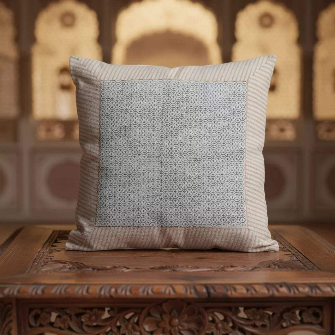 Block Printed Cotton Cushion Covers with Minimal Border Design (Set of 2)