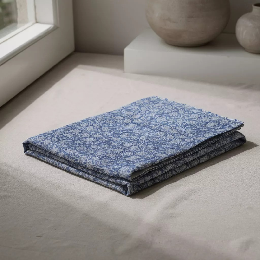 Single-Sided Hand Block Printed Mal Cotton Fabric – Indigo Floral | Sold Per Meter