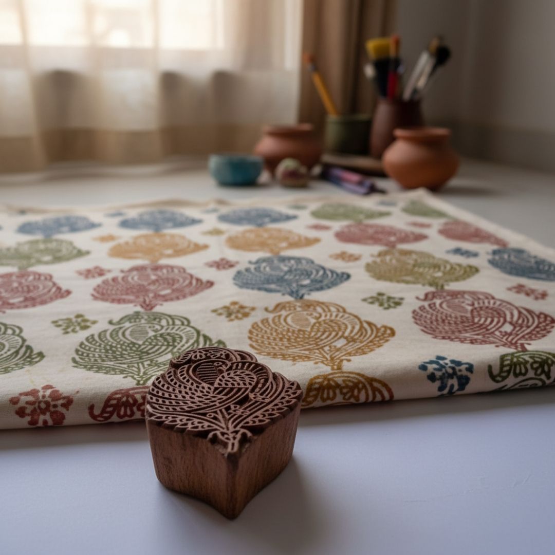 Hand-Carved Gurjan Wood Printing Block with Peacock Motif