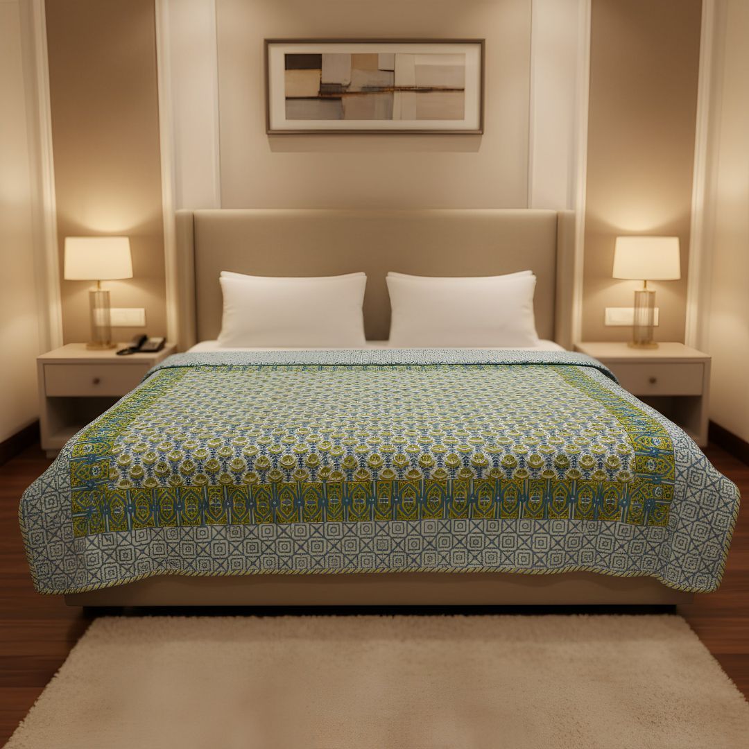 Single Double-Sided Block Printed AC Quilt in Blue Green Pattern
