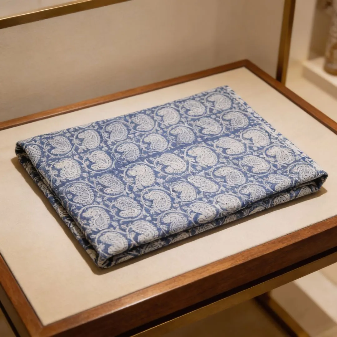 Single-Sided Hand Block Printed Mal Cotton Fabric – Blue Geometric | Sold Per Meter