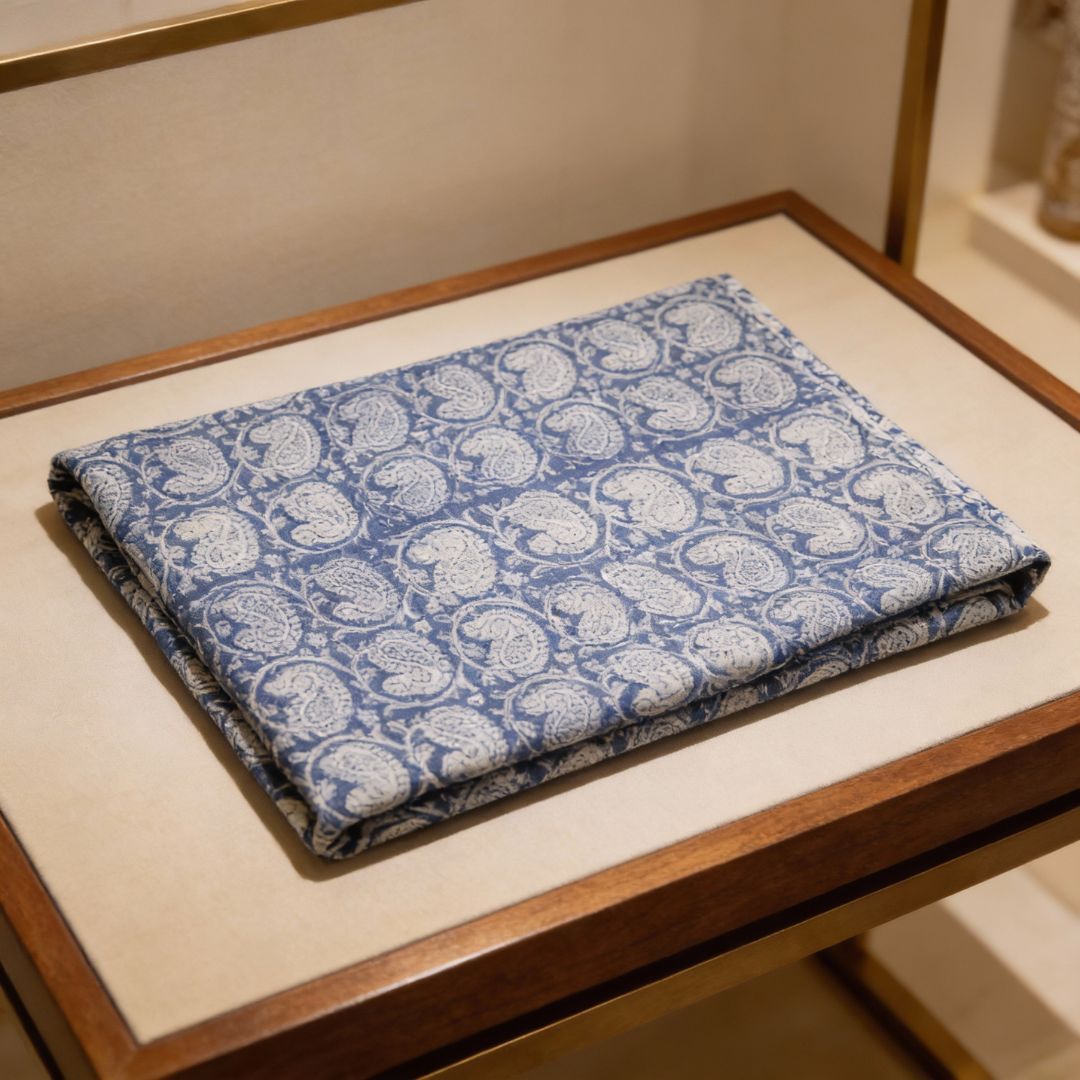 Single-Sided Hand Block Printed Mal Cotton Fabric – Blue Geometric | Sold Per Meter