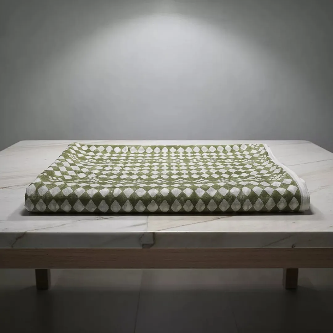 Single-Sided Hand Block Printed Mal Cotton Fabric – Green Geometric | Sold Per Meter