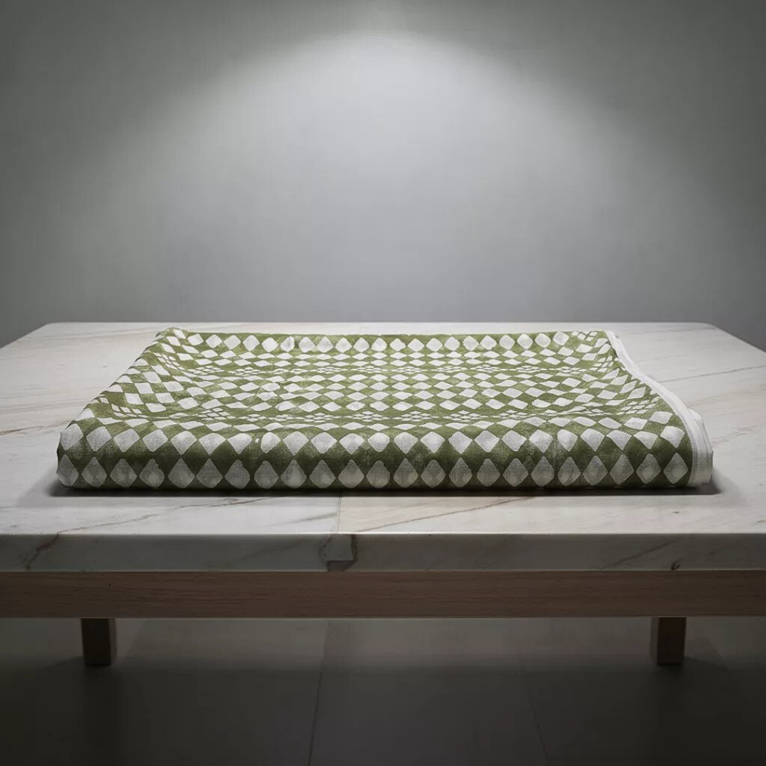 Single-Sided Hand Block Printed Mal Cotton Fabric – Green Geometric | Sold Per Meter
