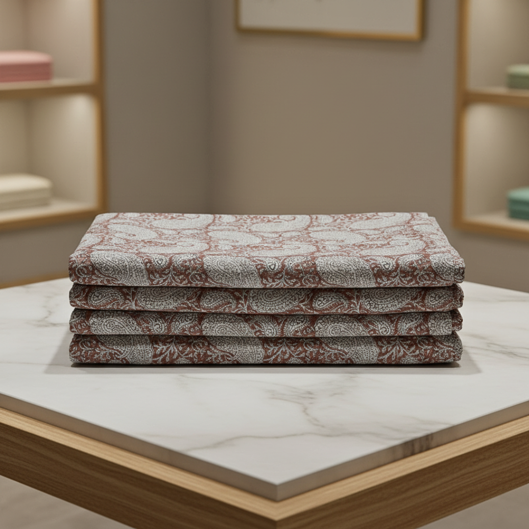 Single-Sided Hand Block Printed Mal Cotton Fabric – Brown Paisley | Sold Per Meter