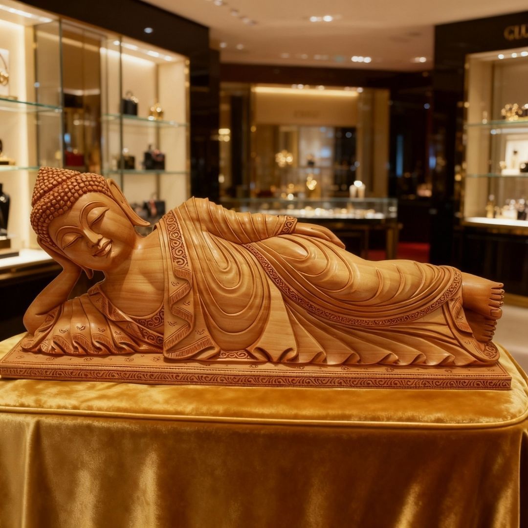Sleeping Buddha Reclining Sculpture in Sandalwood