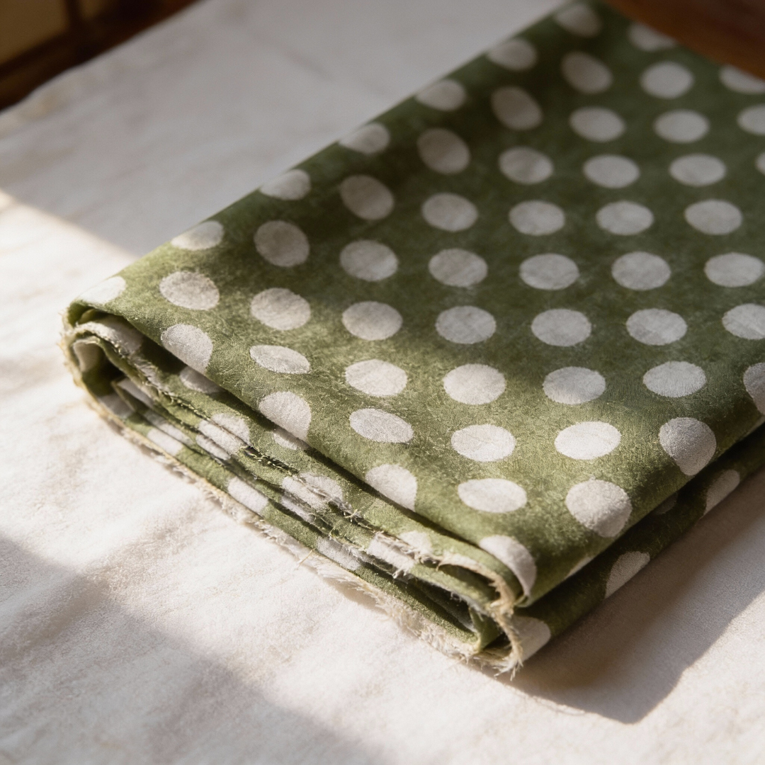 Single-Sided Hand Block Printed Mal Cotton Fabric – Green Geometric | Sold Per Meter