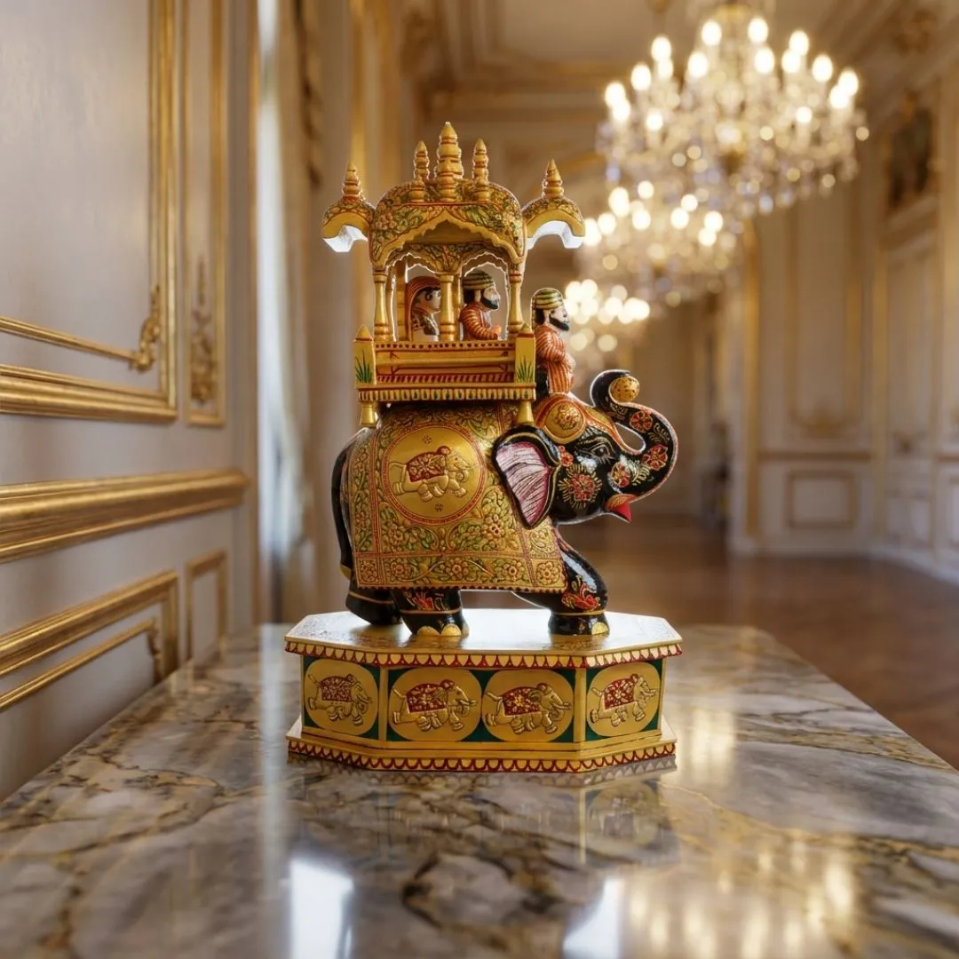 Golden Royal Elephant Palanquin Sculpture with Premium Rajasthani Howdah Detailing