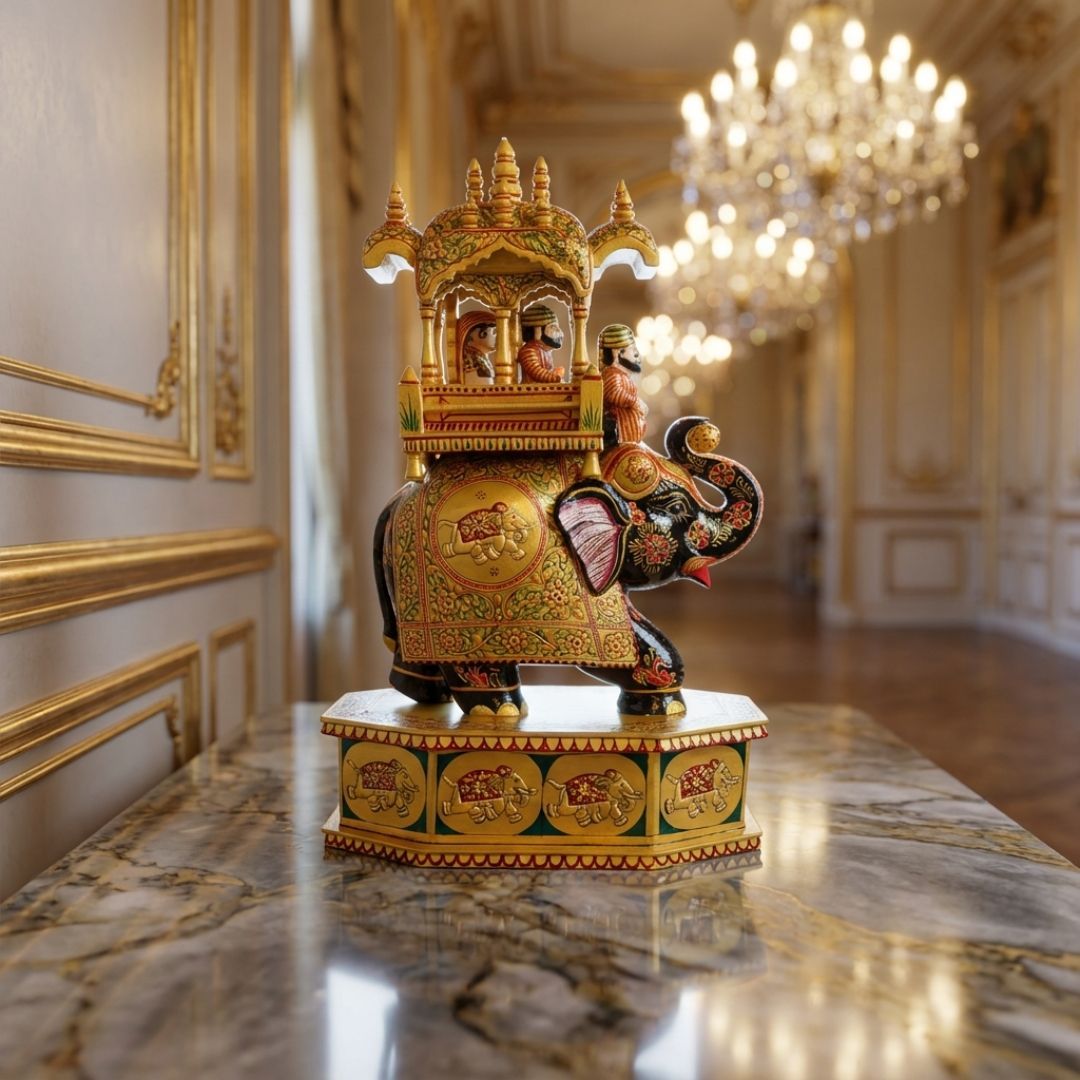Golden Royal Elephant Palanquin Sculpture with Premium Rajasthani Howdah Detailing