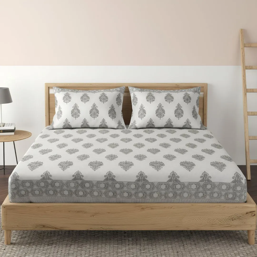 Single-Sided Block Printed Double Bedsheet in Grey Motif