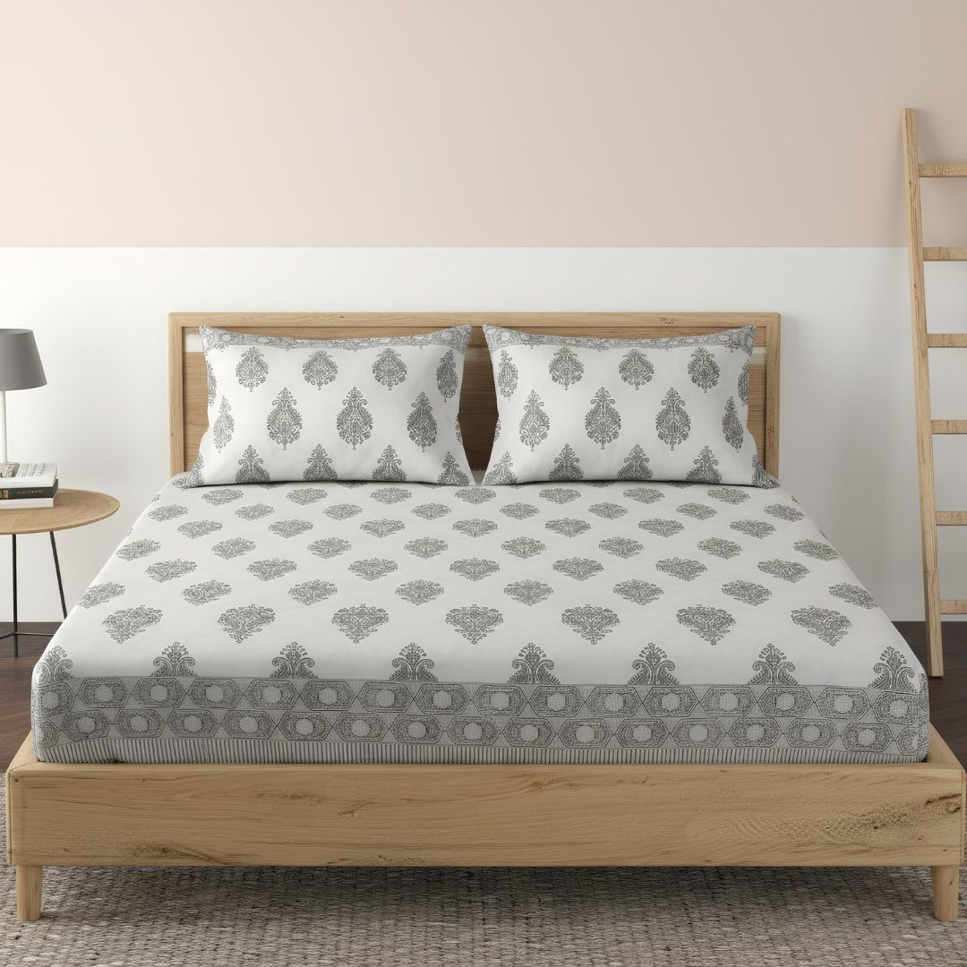 Single-Sided Block Printed Double Bedsheet in Grey Motif
