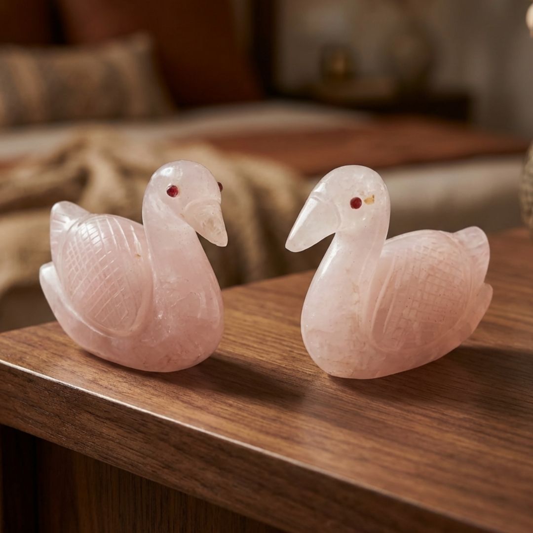 Hand Carved Rose Quartz Bird Pair for Home Decor and Healing Energy