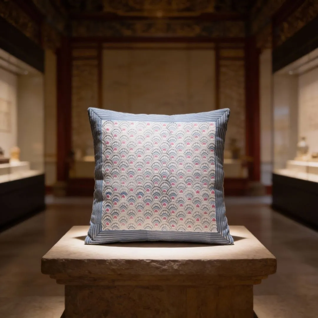South Cotton Block Printed Cushion Covers with Blue Border Panel (Set of 2)