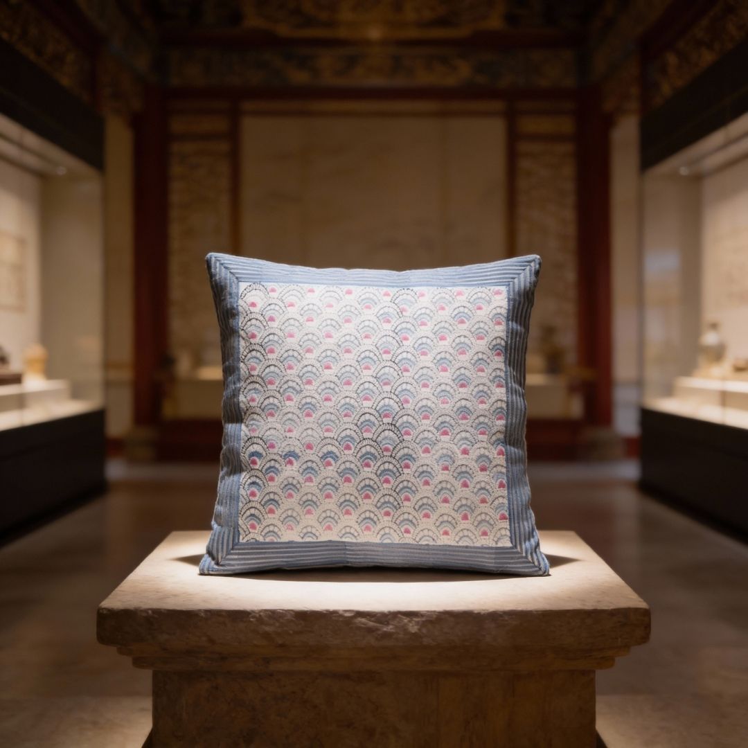 South Cotton Block Printed Cushion Covers with Blue Border Panel (Set of 2)