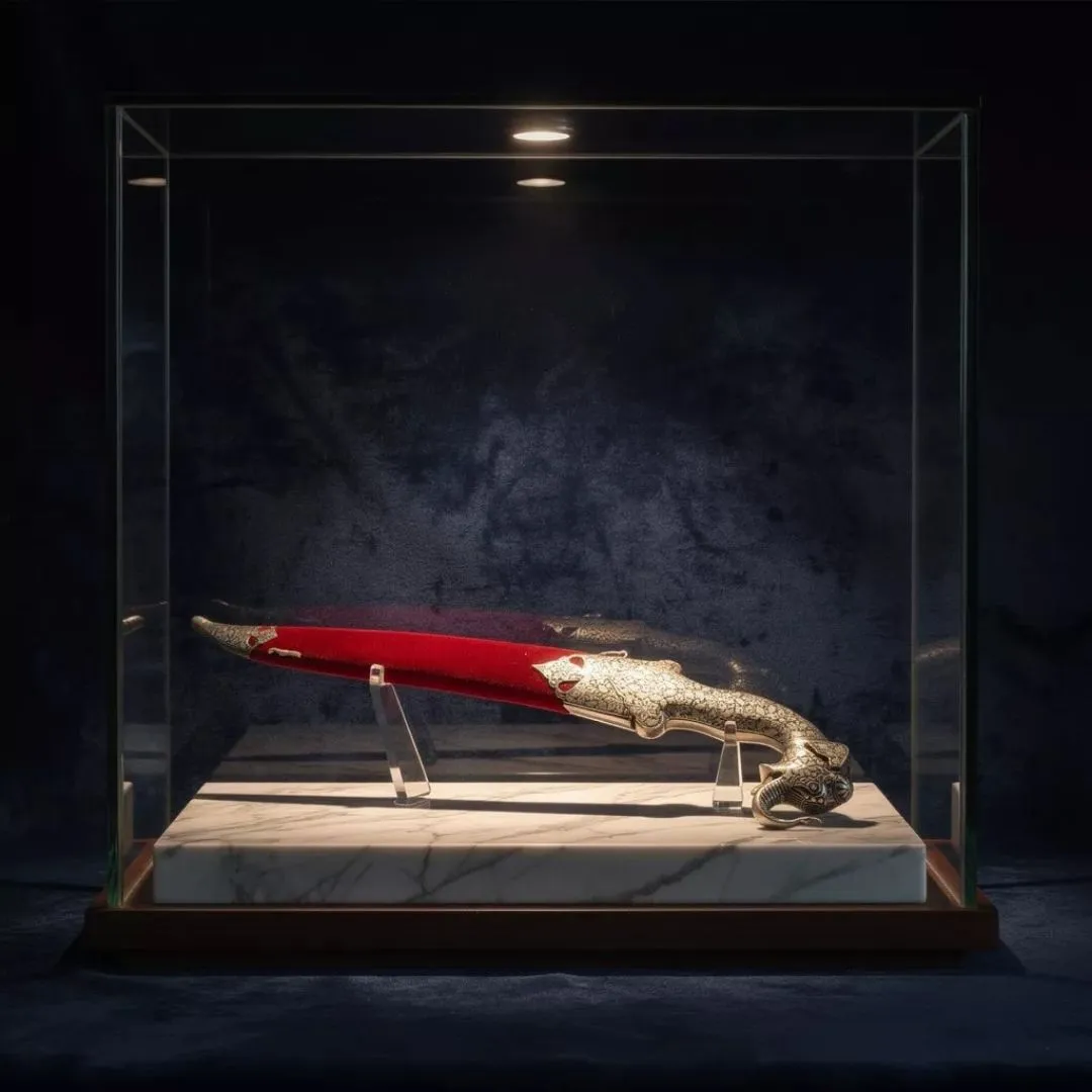 Red Handle Koftgari Dagger with Handcrafted Metal Inlay Detailing