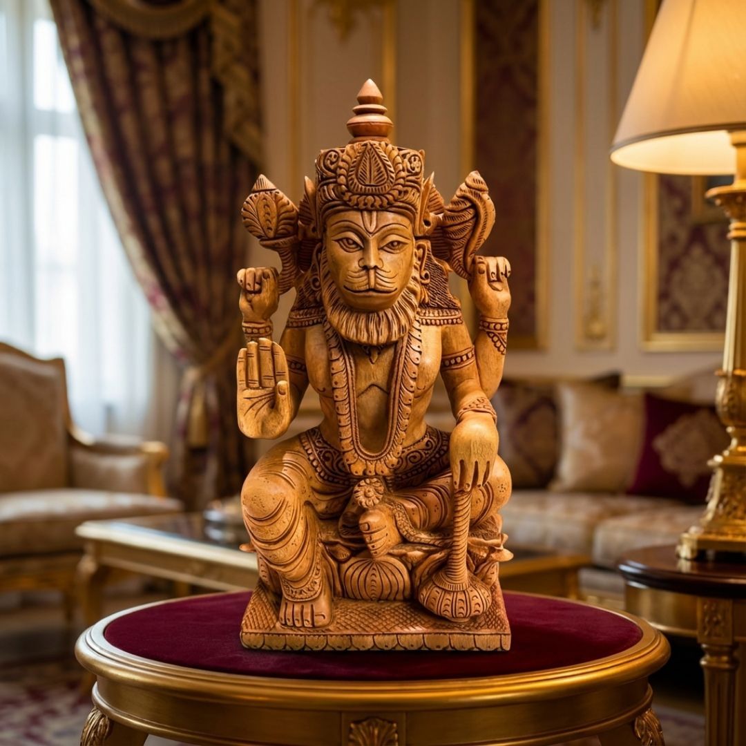 Lord Narasimha Sandalwood Sculpture with Intricate Hand Carving