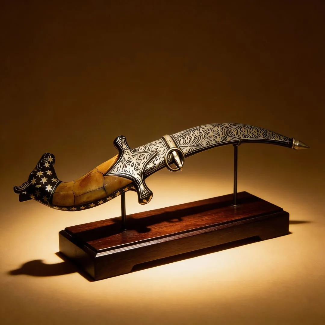 Bone Handle Dagger with Handcrafted Koftgari Metal Inlay Art
