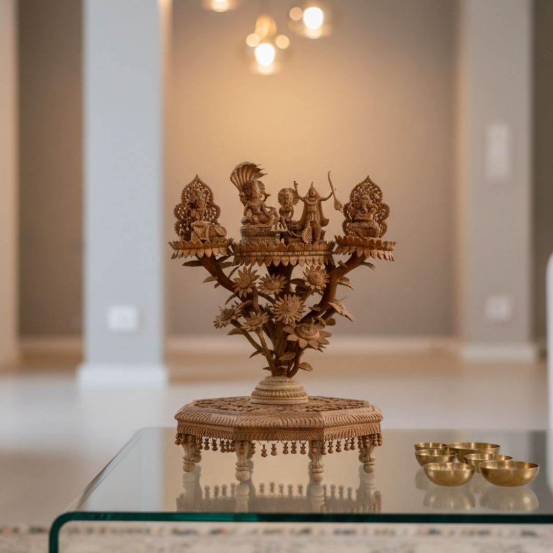 Pure Sandalwood Vishnu Darbar Ensemble with Detailed Temple Carving