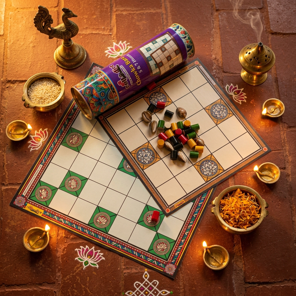 Chowka Bara 5 & 7 House Board Game Combo Set | Cotton Canvas Mat & Wooden Pawns | Ashta Chamma (Telugu), Daayam (Tamil) | Includes How to Play Instructions