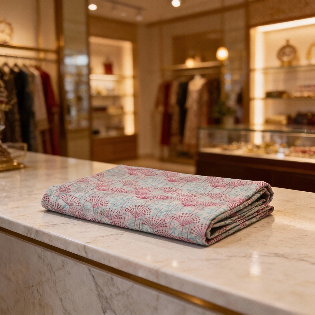 Single-Sided Hand Block Printed Mal Cotton Fabric – Soft Pastel Floral | Sold Per Meter