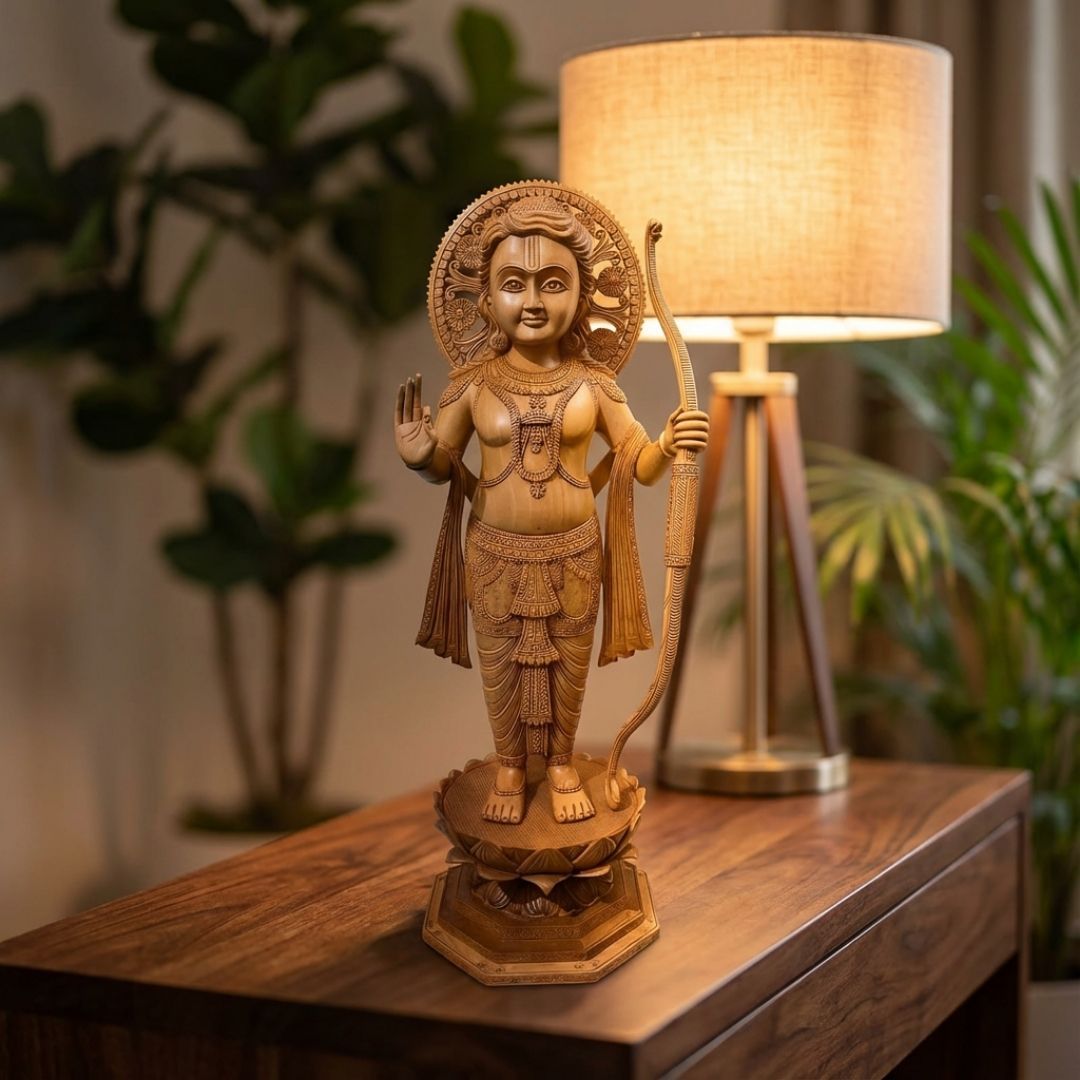 Hand-Carved Lord Rama Statue with Premium Detailing in Natural Wood