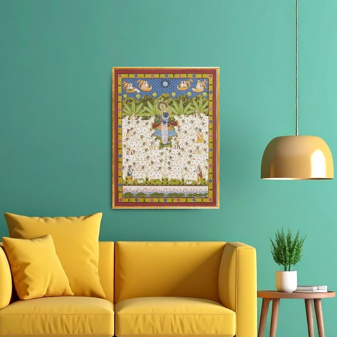 Pichwai Krishna Playing Bansuri with Multiple White Cows